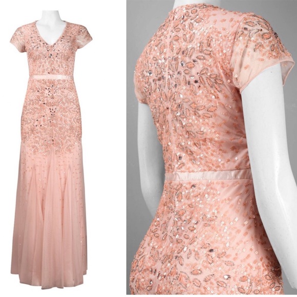 Adrianna Papell beaded cap sleeves V-neck waistband long Dress - Picture 5 of 9